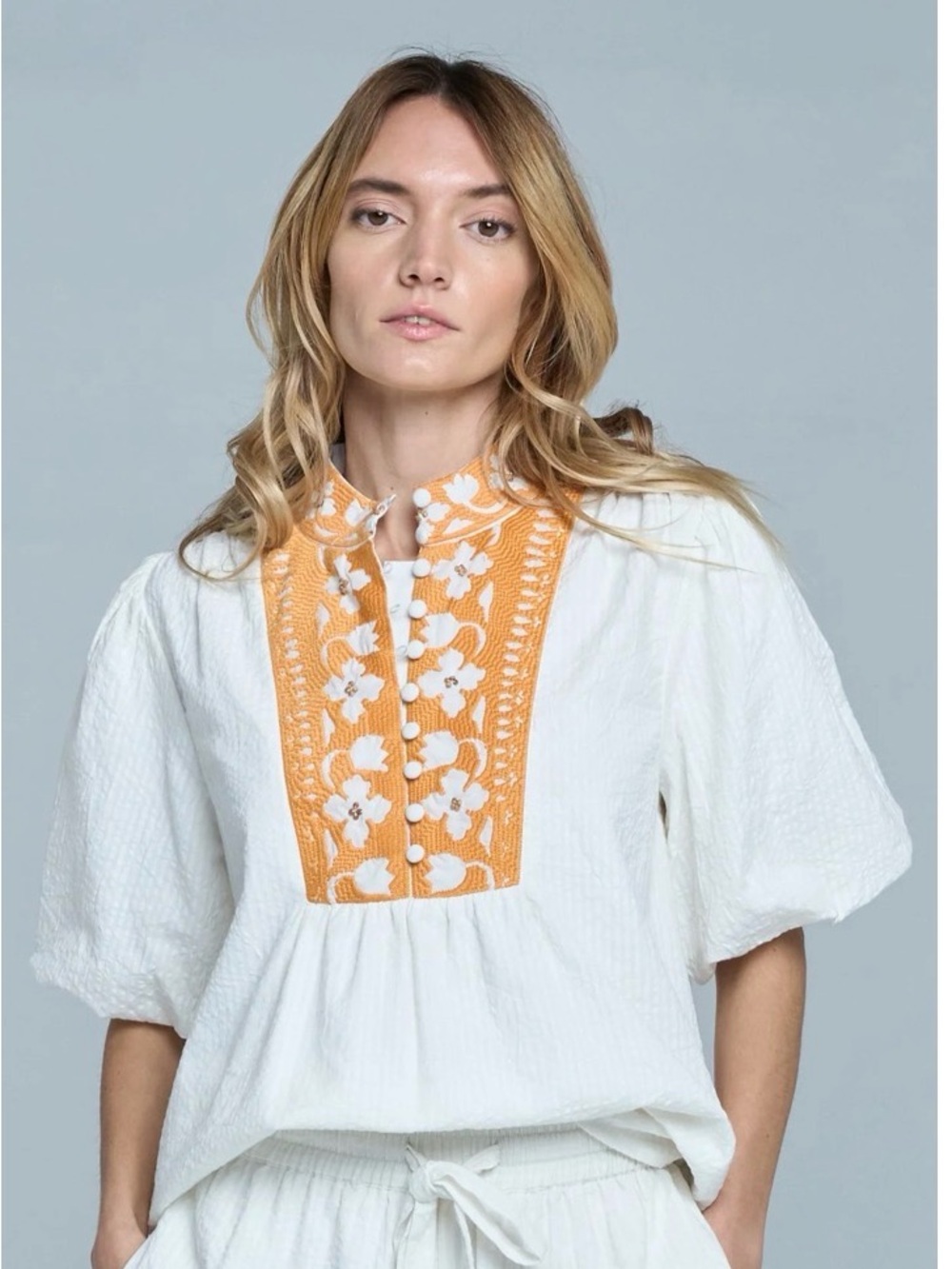 White Cotton Tunic with Orange Embroidered Yoke